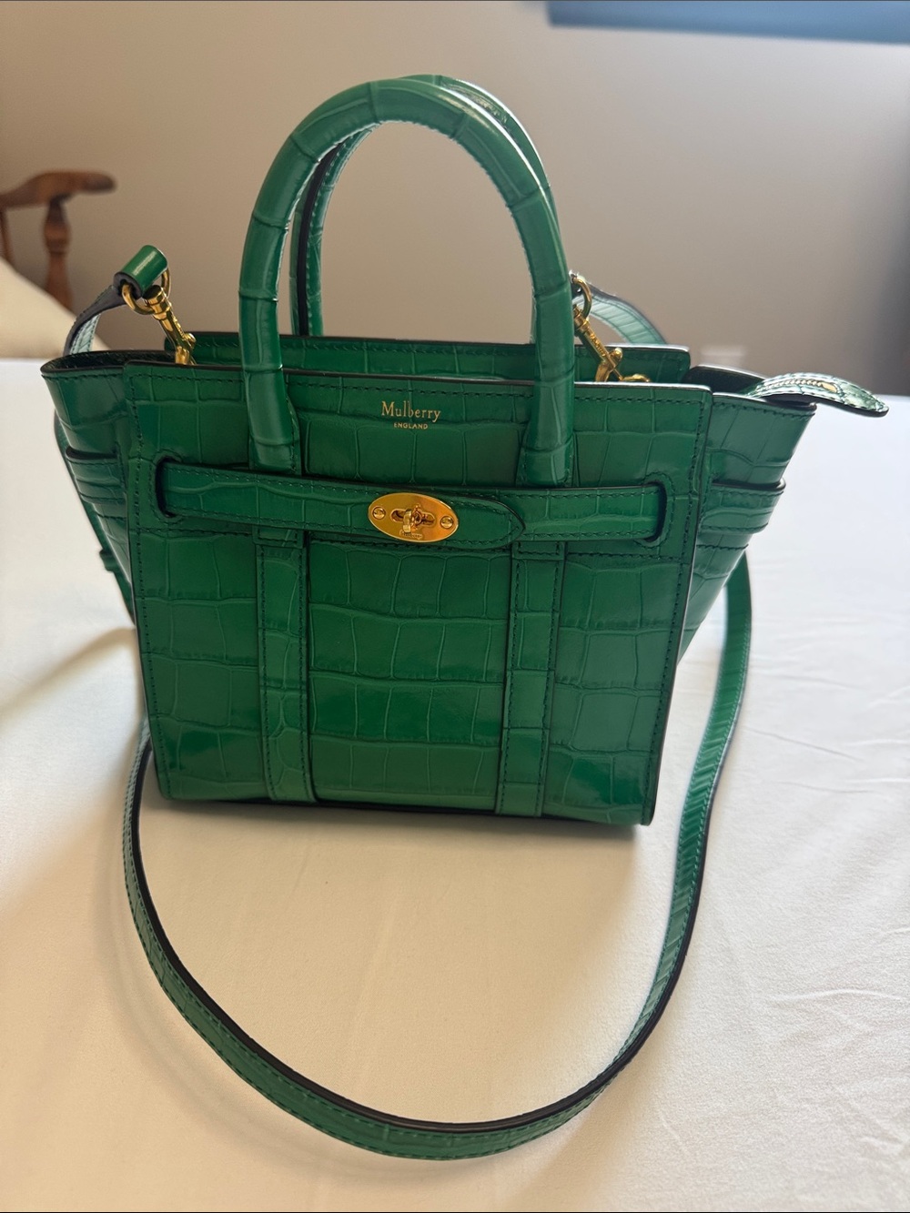 Mulberry Green Croc-Embossed Mini Satchel with Gold Hardware